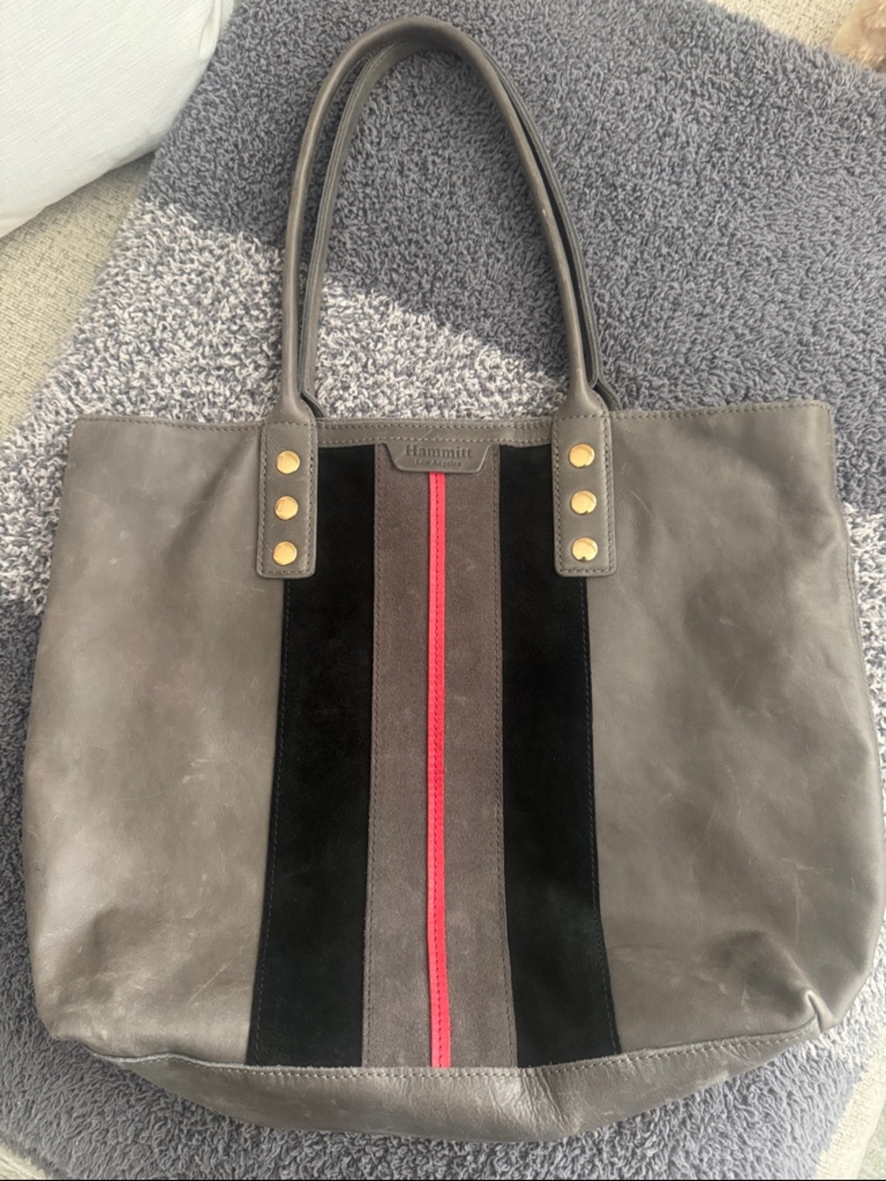 Hammitt Gray Leather Tote with Black Panels and Red Stripe
